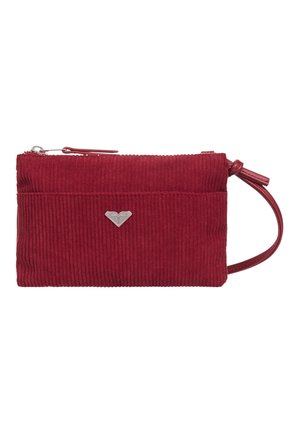 Small rectangular red corduroy wristlet with a silver heart-shaped emblem and zip closure at the top.