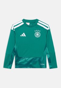 Maglia sportiva verde a maniche lunghe con strisce bianche, collo a giro e un logo circolare con quattro stelle sul petto. Texture geometrica nella parte inferiore.