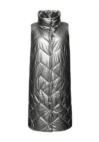 Metallisch graue Pufferweste mit hohem Kragen, die ein Chevron-Steppmuster aufweist und keine Ärmel hat. Glatte, glänzende Textur mit geradem Schnitt.