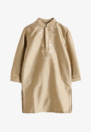 Bež tradicionalna tunika dugih rukava s cvjetnim vezom na ovratniku, prednjoj zakopčavanju i manšetama, s diskretnim geometrijskim uzorkom.