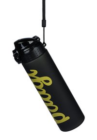 Schwarze zylindrische Wasserflasche mit mattierter Oberfläche, ausgestattet mit einem glänzenden schwarzen Deckel und einem auffälligen gelben Schriftzug. Inklusive einer Trageschlaufe.