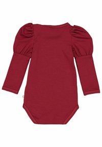 Body pour bébé à manches longues en rouge profond, avec des manches bouffantes, un tissu doux et une coupe ajustée, un col rond et une fermeture à boutons-pression au bas.