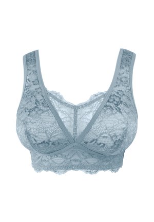 Spitzen-Bralette in sanftem Blau mit einem durchsichtigen Blumenmuster, breiten Trägern und einem gewellten Saum für zusätzlichen Detail- und Textur. Nahtloses Design.