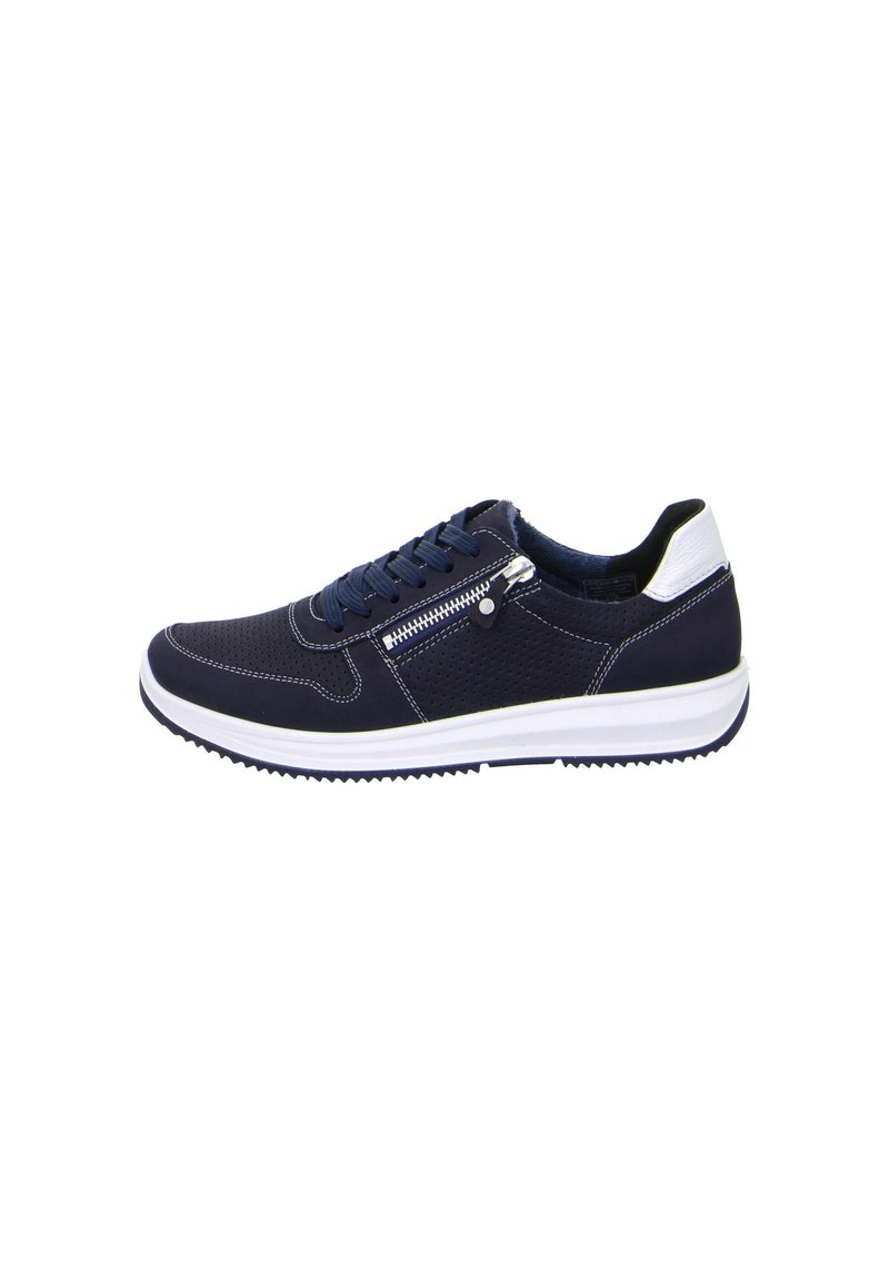 Navy blue sneaker with a perforated design, white accents, and a side zipper. Features a white sole and textured upper for grip.