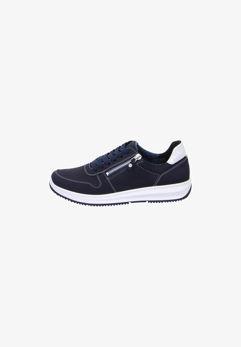 Navy blue sneaker with a perforated design, white accents, and a side zipper. Features a white sole and textured upper for grip.