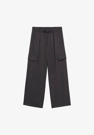 Pantaloni cargo cu picioare largi din țesătură gri închis, cu talie elastică, șnur de ajustare și două buzunare laterale cu clapete.