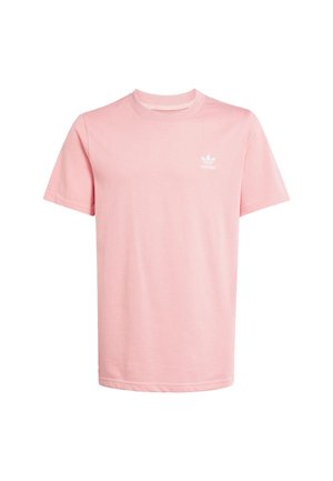 Pink cotton t-shirt with a crew neckline, short sleeves, and a small white brand logo printed on the left chest. Regular fit.