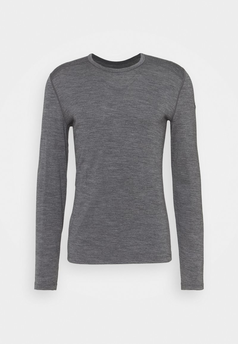 Gray long-sleeve t-shirt, rounded neckline, textured fabric, regular fit, no visible logos or patterns, soft material, simple design.