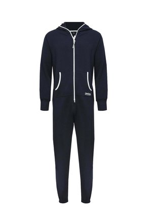 Salopette con cappuccio di colore blu navy in tessuto morbido, con cerniera bianca, tasche laterali e polsini elasticizzati. Presenta il marchio sulla tasca sinistra.