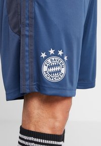 Short de sport bleu avec le logo du FC Bayern München et quatre étoiles au-dessus, porté sur la jambe d'une personne avec des chaussettes de sport rayées noires et blanches.