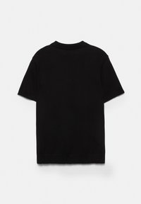 Black short-sleeve crew neck shirt, plain design, displayed flat against a white background.