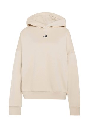 Beżowa bluza z kapturem i sznurkiem, ściągaczami na rękawach oraz u dołu. Na piersi małe czarne logo adidas. Miękki, gładki materiał.