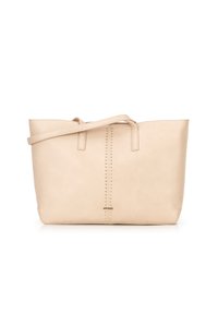 Beige leren tote bag met een gestructureerde vorm, twee bovenhandvaten en decoratieve studs langs een centrale naad. Soepele textuur.