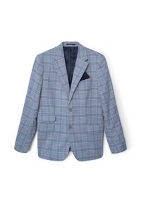 Blazer a quadri blu chiaro con revers a punta, due tasche frontali, due bottoni e un fazzoletto da taschino blu scuro. Tessuto di superficie liscia.