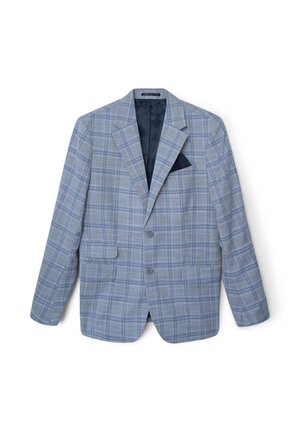 Hellblau karierter Blazer mit Revers, zwei Fronttaschen, zwei Knöpfen und einem dunkelblauen Taschentuch. Glatte Stoffstruktur.