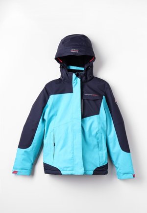 Veste d'hiver à capuche bleue et marine avec poches avant et fermeture éclair, conçue pour temps froid, étalée sur fond blanc.