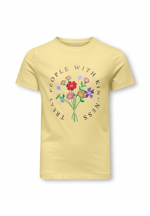 Yellow short-sleeve t-shirt with colorful embroidered flowers and text "Treat People With Kindness" forming a circle around the bouquet.