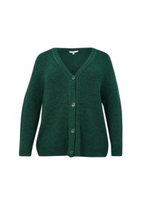 Dunkelgrüne Strickjacke mit V-Ausschnitt und vier großen Knöpfen vorne, ausgestattet mit langen Ärmeln und einem gerippten Muster.