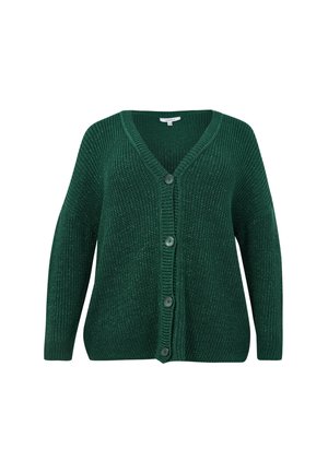 Cardigan en tricot vert foncé avec un col en V et quatre grands boutons sur le devant, doté de manches longues et d'une texture côtelée.