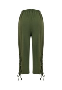 Pantalon court vert olive avec taille élastique et cordons ajustables à l'ourlet pour un effet froncé de chaque côté.