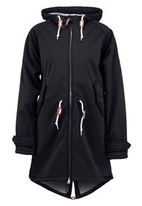 Veste à capuche noire avec fermeture éclair à l'avant, deux poches latérales, cordons de serrage blancs et accents marron. Présente un ourlet légèrement arrondi et des manches avec finition côtelée.
