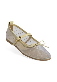 Transparente Netz-Ballerinas mit Punkte-Muster, beigem Besatz und einer Schleifen-Akzent. Sie verfügen über eine flache Sohle und einen Riemen mit Schnallenverschluss.