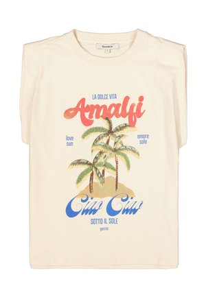 T-shirt en coton couleur crème avec un motif imprimé de palmiers et du texte en rouge, bleu et vert. Manches courtes et col ras du cou.