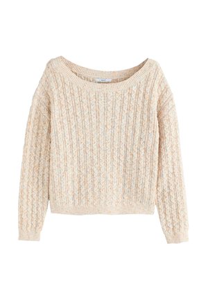 Maglione a maglia color beige chiaro con texture a coste, scollatura ampia e maniche lunghe. Presenta delicate variazioni di colore e motivo.