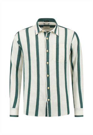 Dlhý rukáv košeľa s gombíkmi v bielej farbe s vertikálnymi zelenými pruhmi, s náprsníkovou kapsou a krémovými gombíkmi. Vyrobená z ľanovej tkaniny.
