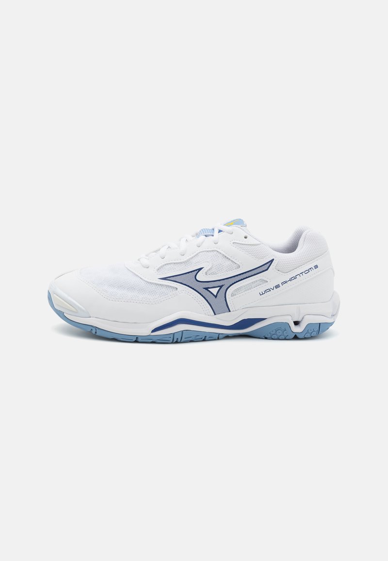 White athletic shoe with mesh detailing, blue accents, and a textured sole. Features a curved design and logo on the side.