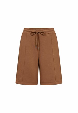 Hnedé bežné kraťasy po kolená s elastickým pásom a prednou šnúrkou na uviazanie, so viditeľnými švami.