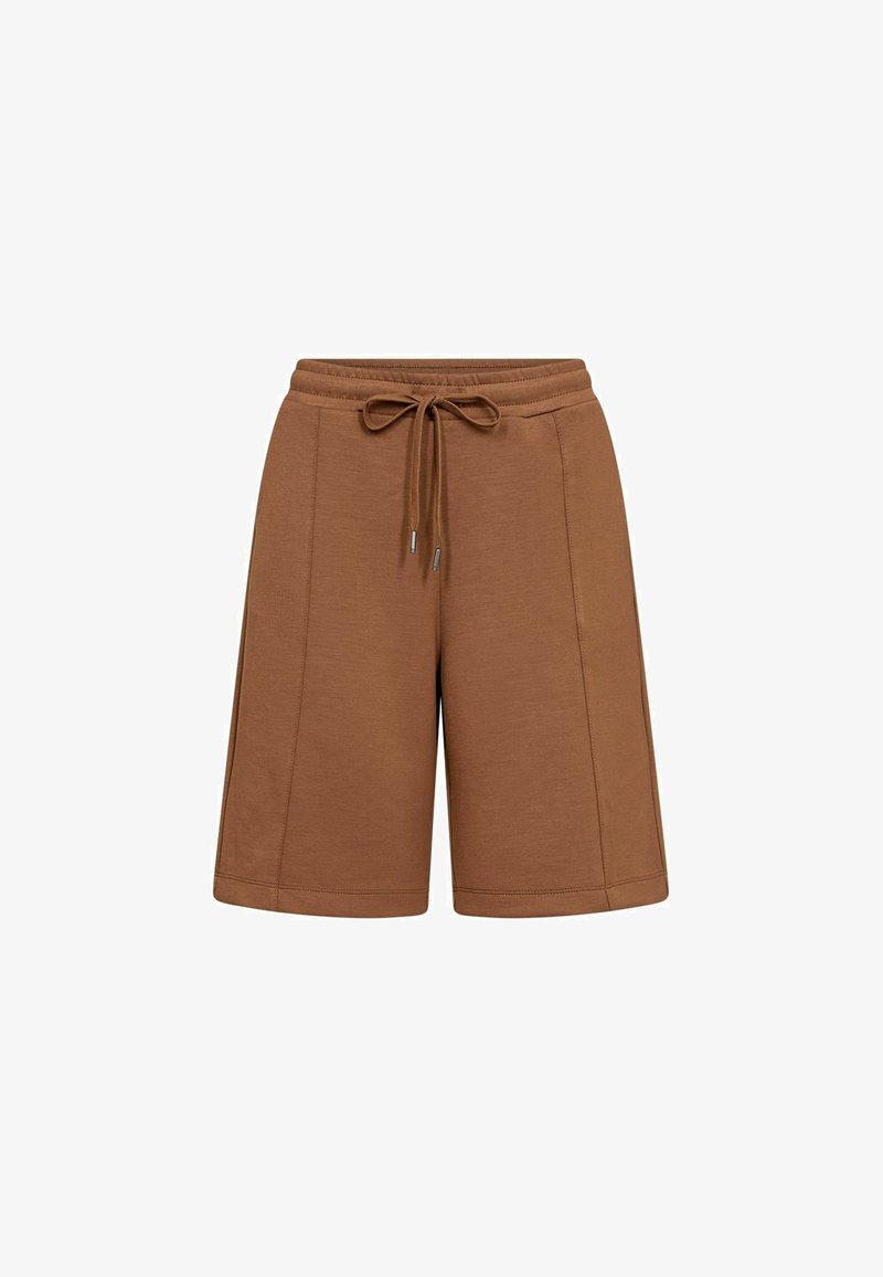 Shorts décontractés marron longueur genou avec une taille élastique et un cordon de serrage à l'avant, présentant des détails de coutures visibles.