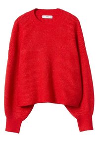 Pull en tricot rouge vif avec de longues manches bouffantes et un col rond, présentant une coupe légèrement courte et ample.
