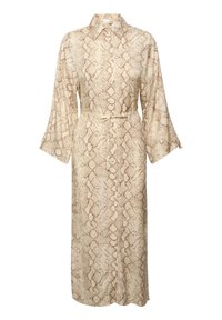 Beige ja ruskea käärmeennahkakuosiset mekko, jossa on nappikiinnitys, pitkät hihat ja säädettävä vyötärösolki. Silkkinen kangas.