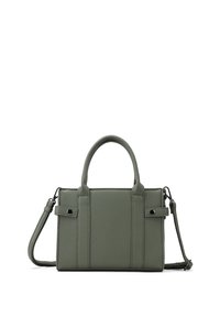 Borsa a mano in pelle verde con design strutturato, due manici superiori e tracolla staccabile. Presenta dettagli di cucitura e accenti laterali.