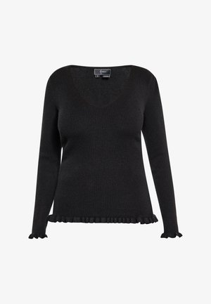 Juodas raštuotas megztinis su ilgomis rankovėmis, V formos iškirpte ir raukšlėmis apatinėje dalyje bei ant rankovių. Pagamintas iš švelnios medžiagos, pasižymi prisitaikanti siluetu.