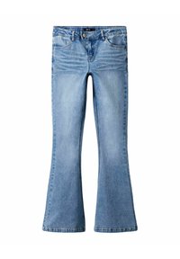 Jasnoniebieskie dżinsy rozszerzane wykonane z denimu, z klasycznym pięciokomorowym krojem, zapięciem na guzik z przodu i wyblakłym wykończeniem na nogawkach.