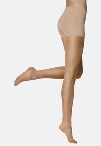 Shorts in rete beige e trasparenti con una texture liscia e una vestibilità confortevole, che mettono in risalto le gambe. Presentano una cintura elastica per un supporto maggiore.