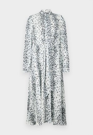 Long-sleeve midi dress with light blue base and scattered black abstract spots, featuring a high collar and gathered waist.