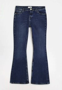 Dark blue flared jeans made of denim, featuring a classic five-pocket design, with a zip fly and button closure, smooth texture.