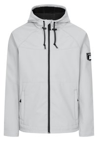 Hellgraue Jacke mit Kapuze, Reißverschluss, schwarzen Akzenten, zwei seitlichen Taschen und einem schwarzen Kragen. Verfügt über verstellbare Kordeln.