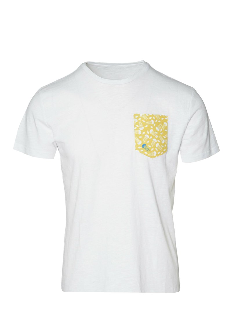 T-shirt bianco in cotone con taschino giallo a motivo con varie forme. Design classico con collo rotondo e maniche corte.
