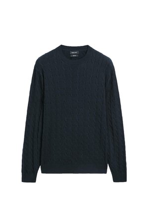 Marineblauer Pullover mit rundem Ausschnitt, ausgestattet mit einem strukturierten Zopfmuster sowie gerippten Bündchen an Ärmeln und Saum. Hergestellt aus weichem Strickmaterial.