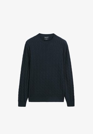 Marinblå tröja med rund halsringning, med ett mönster av texturerad flätstickning och ribbade muddar och fåll. Tillverkad av mjukt stickat material.