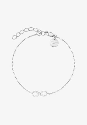 Zarter silberner Kettchenarmband mit einem Unendlichkeitssymbol, verziert mit kleinen klaren Steinen, und einem runden Anhänger mit der Gravur "ROSEFIELD AMSTERDAM."