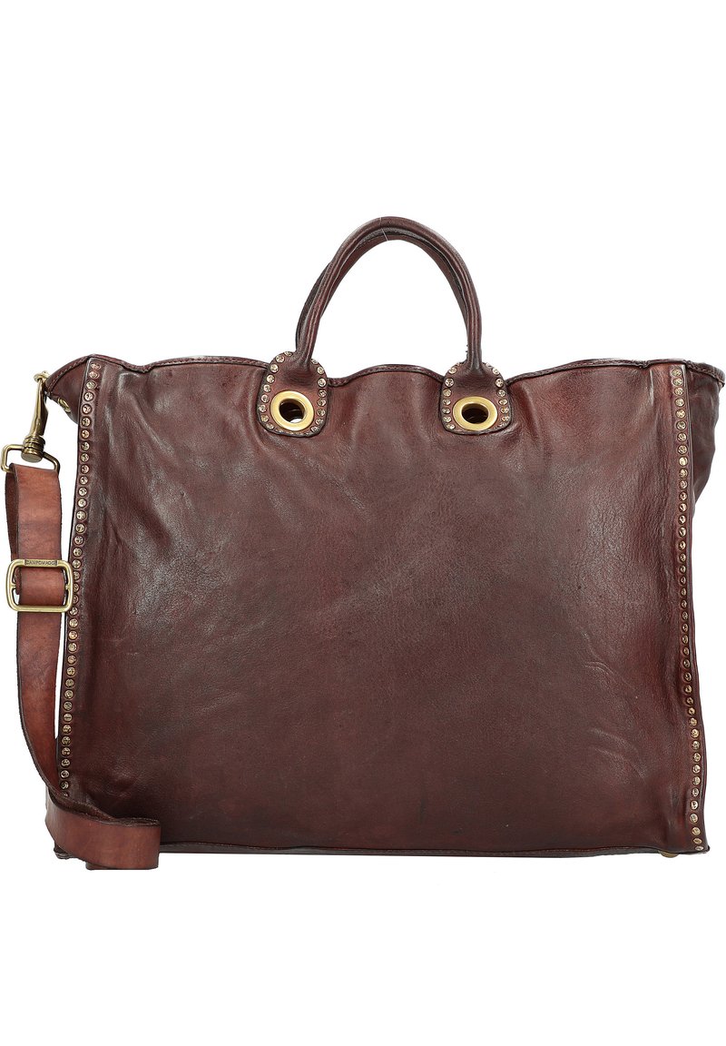 Borsa a tote in pelle marrone con due manici superiori e una tracolla rimovibile, caratterizzata da occhielli dorati e decorazioni di borchie lungo i lati.