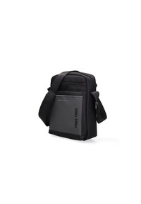 Borsa a spalla nera realizzata in materiale sintetico, con tasca frontale piatta, tracolla regolabile e dettaglio testuale in rilievo "FREE TIME".