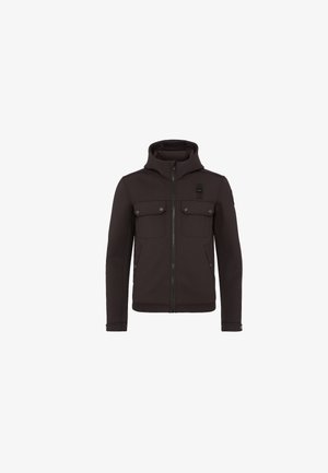 Giacca nera con cappuccio realizzata in tessuto morbido, dotata di zip frontale, due tasche sul petto con pattine e polsini a costine.