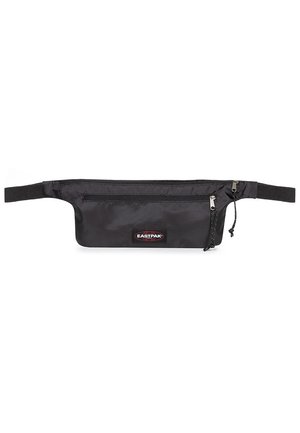 Bolsa de cinturón de tela negra con textura suave, que cuenta con un bolsillo principal con cremallera y un compartimento adicional con cremallera. Logo de Eastpak en la parte frontal.
