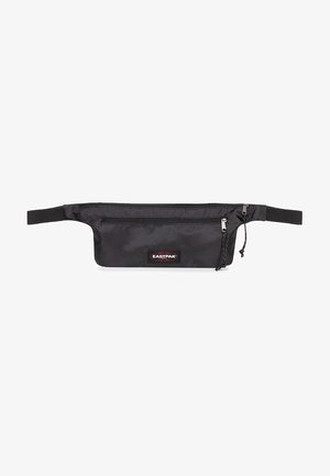 Svart tygbälte med en slät yta, som har ett huvudfack med dragkedja och en extra fack med dragkedja. Eastpak-logotypen på framsidan.